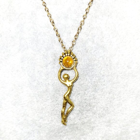 Vintage Sun Dancer Pendant Necklace with Sunstone Crystal 18" Gold Tone Chain - Picture 1 of 6